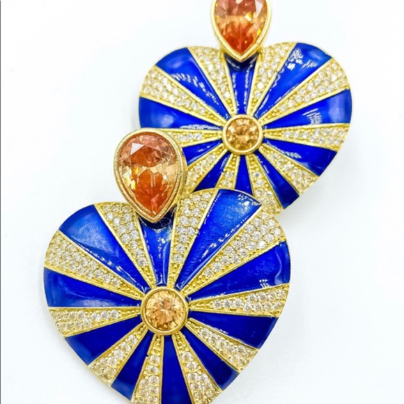 Heart Earrings 22k Gold Plated Enameled Handcrafted Luxury Jewelry - Picture 4 of 10